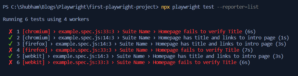 list reporter console output